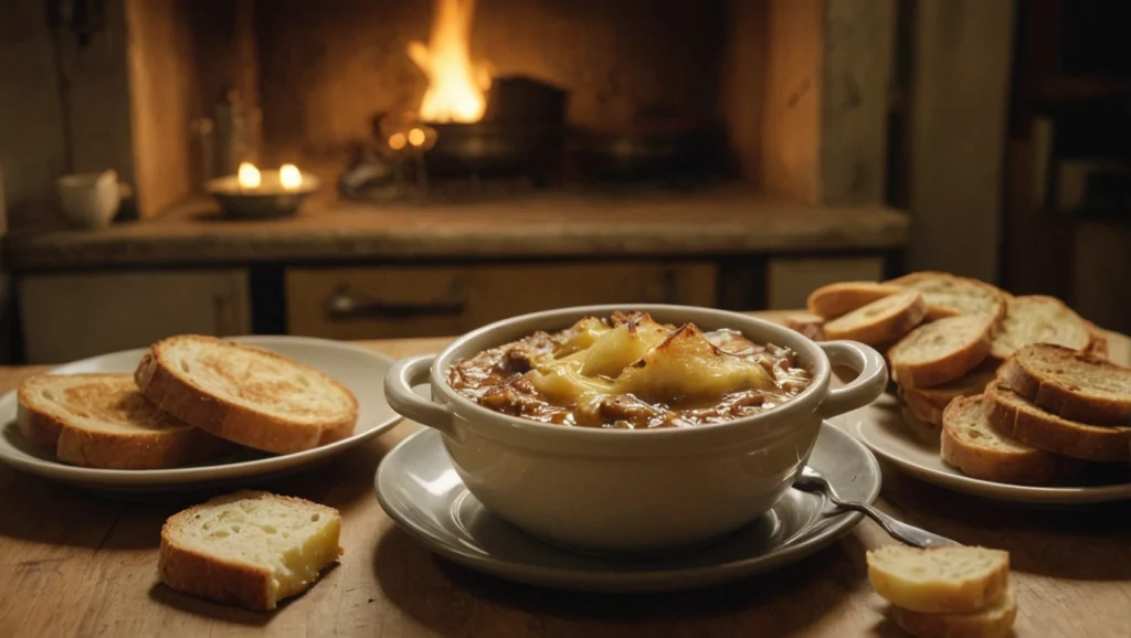French onion soup in a Parisian bistro setting