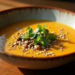 Velouté de butternut dans un bol avec des herbes
