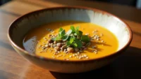 Velouté de butternut dans un bol avec des herbes