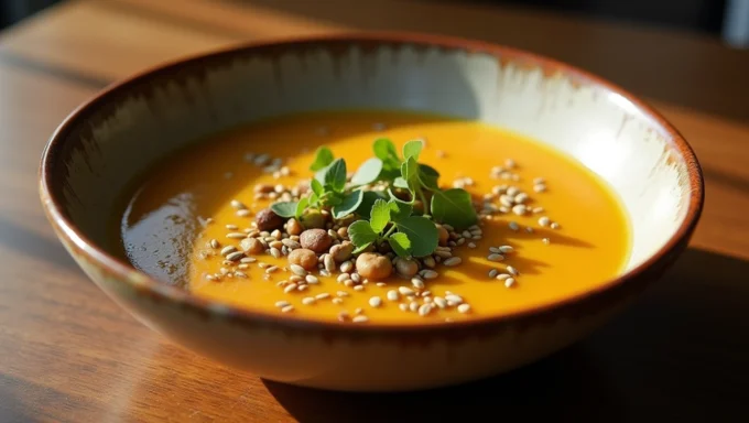 Velouté de butternut dans un bol avec des herbes
