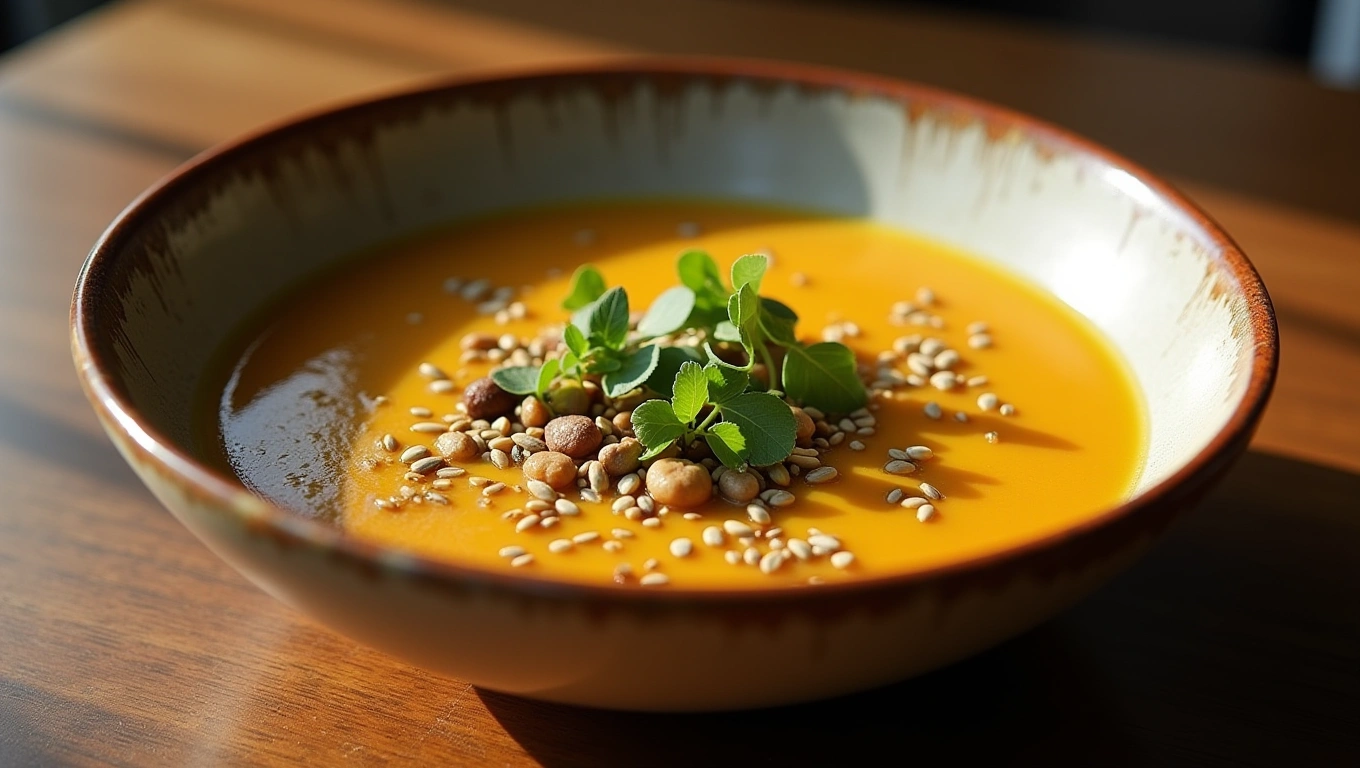 Velouté de butternut dans un bol avec des herbes