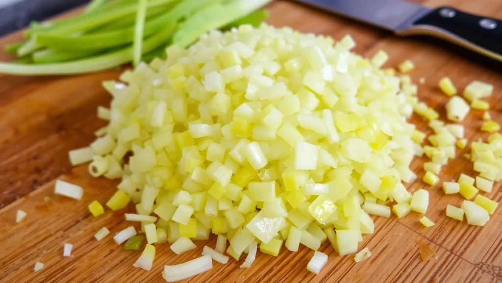 Finely chopped yellow onions in a wooden bowl
