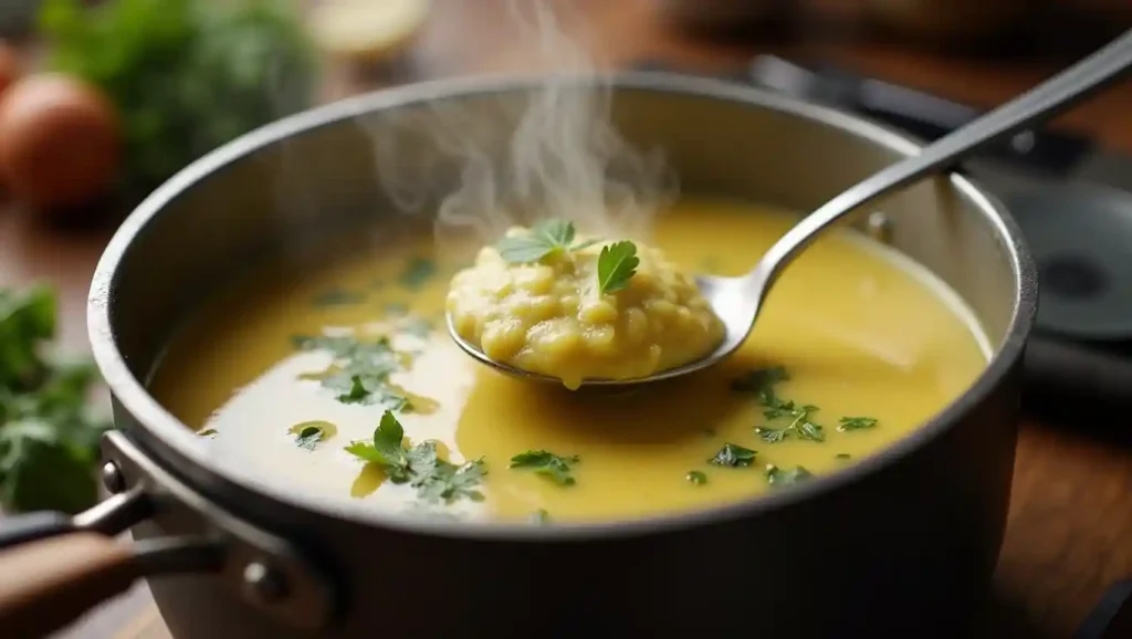 Steaming pot of velouté de courgettes being stirred.