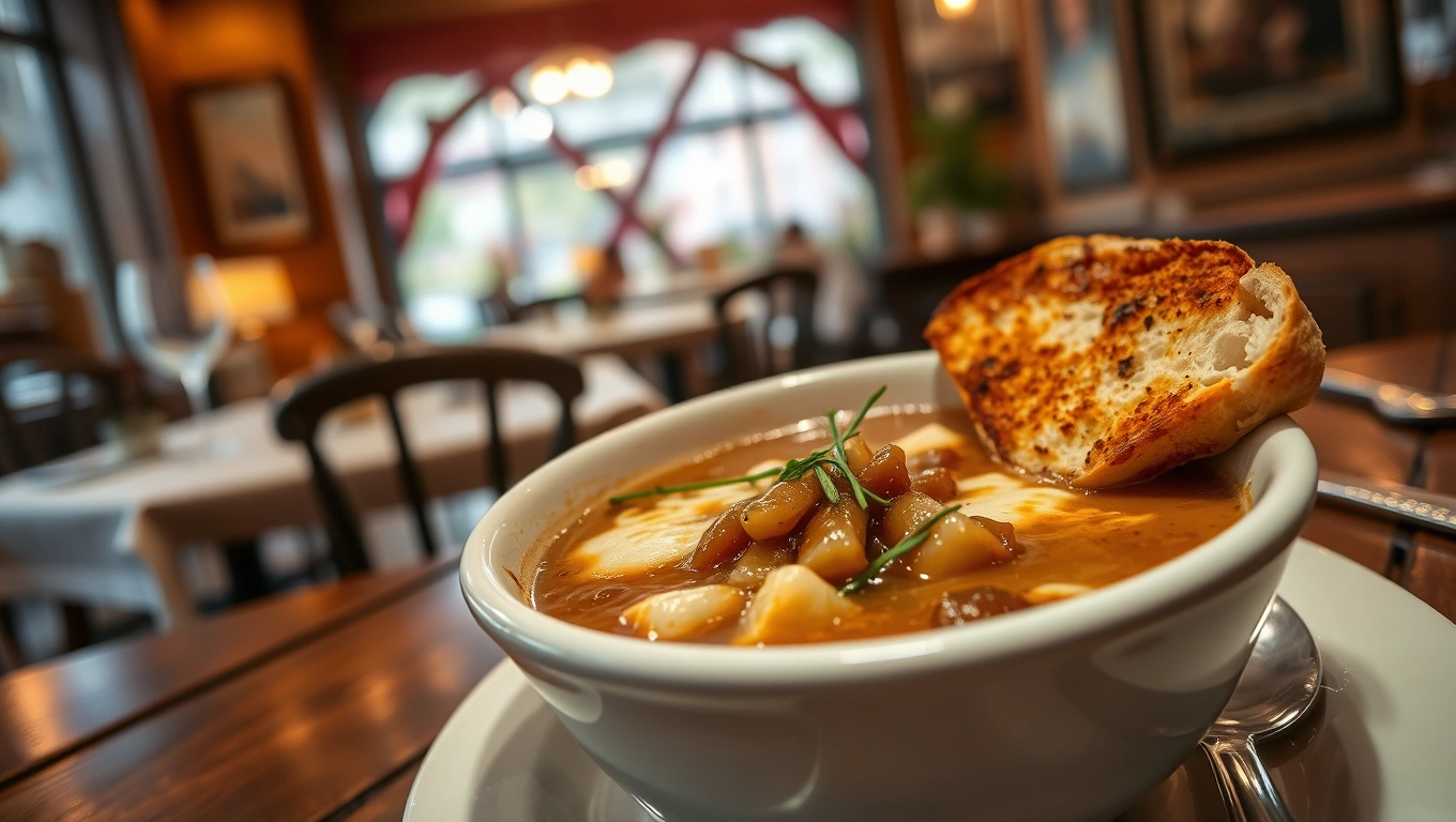 soupe à l'oignon traditionnelle with melted cheese