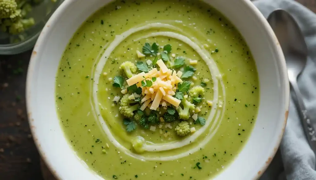 Bol de soupe brocoli avec garniture
