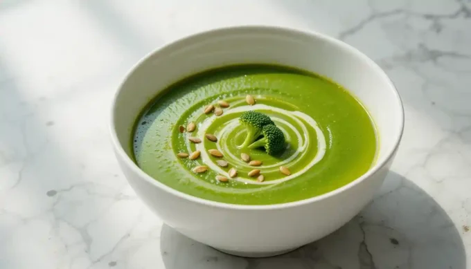 Bol de soupe brocoli avec garniture