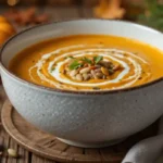 Velouté de soupe butternut patate douce garni de graines et herbes fraîches.