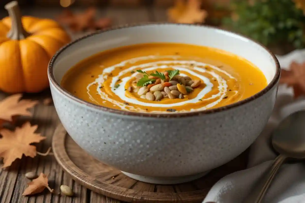Velouté de soupe butternut patate douce garni de graines et herbes fraîches.