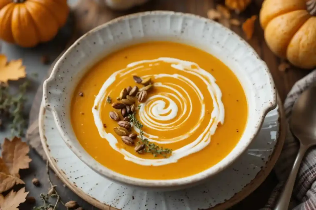Soupe butternut servie dans une courge creusée avec des garnitures gourmandes.