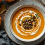 Bol de soupe butternut thermomix fumante sur une table d’automne chaleureuse.