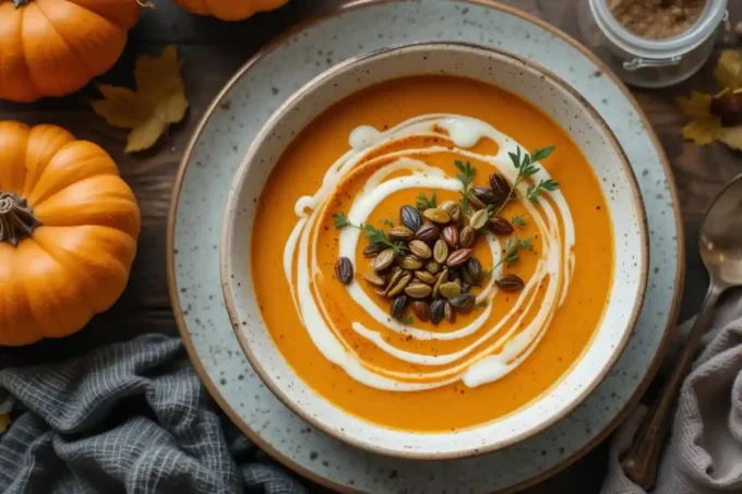 Bol de soupe butternut thermomix fumante sur une table d’automne chaleureuse.