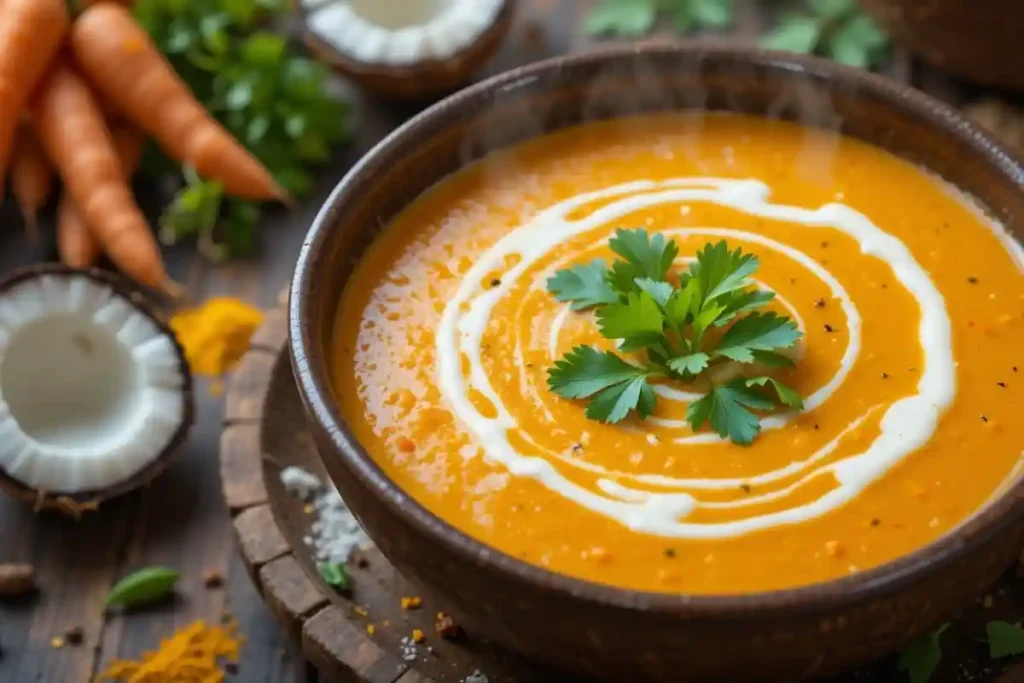 Préparation de la soupe carotte coco avec des ingrédients frais.
