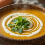 Bol de soupe carotte coco crémeuse avec garniture de coriandre.