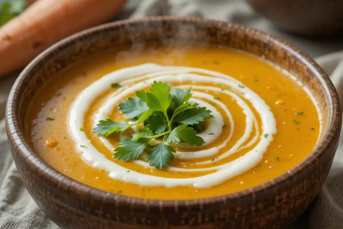 Bol de soupe carotte coco crémeuse avec garniture de coriandre.