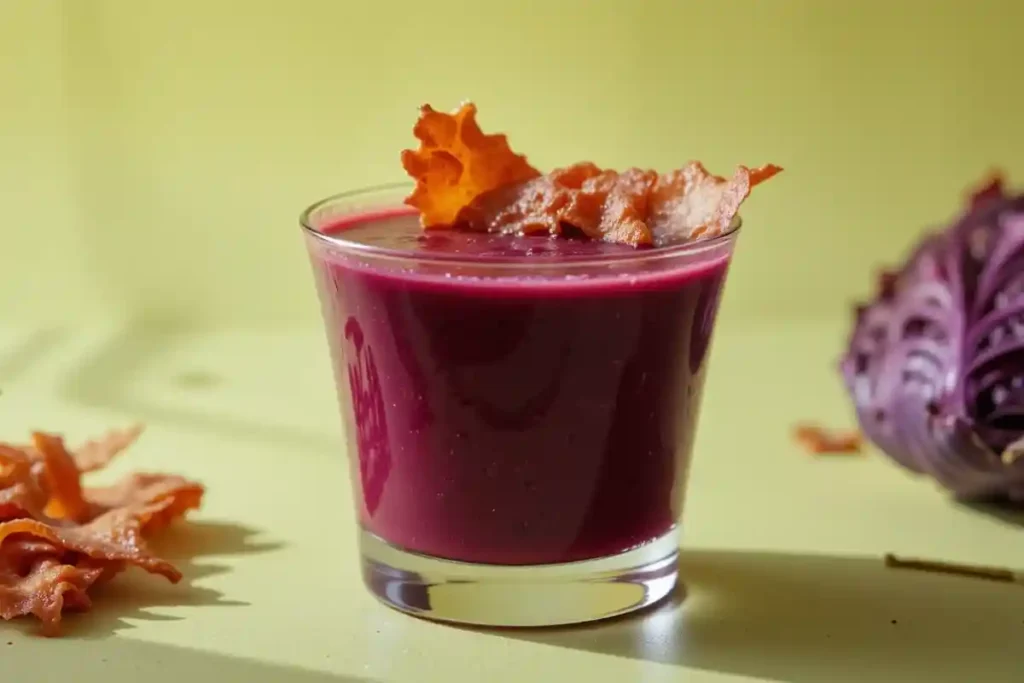 Soupe aux choux rouges servie avec croûtons et persil frais.
