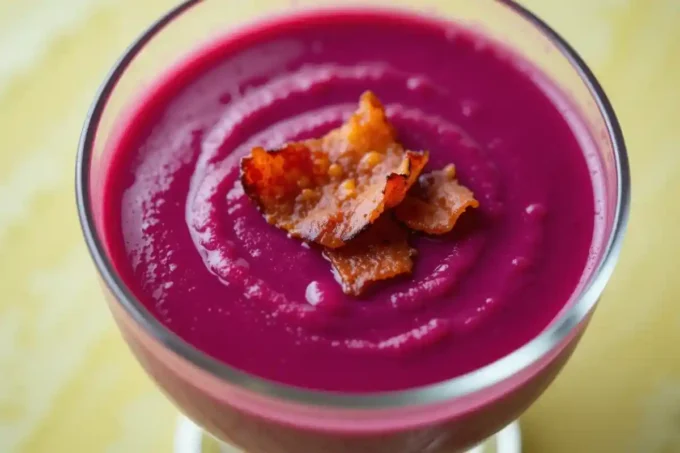 Bol de soupe aux choux rouges fumante sur une table en bois.