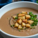 Bol de velouté de châtaignes garni d'herbes fraîches.