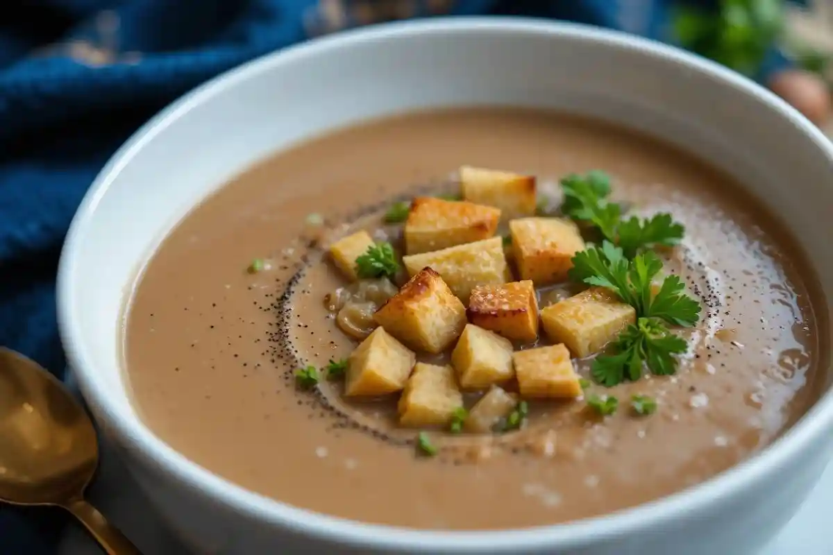 Bol de velouté de châtaignes garni d'herbes fraîches.