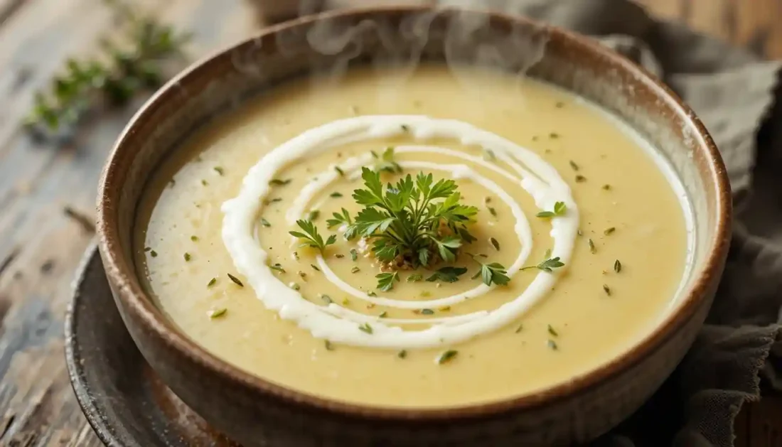Bowl of creamy velouté de panais garnished with herbs