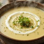 Bowl of creamy velouté de panais garnished with herbs