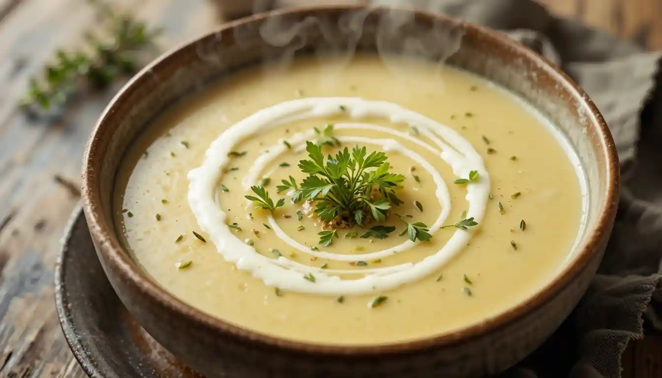 Bowl of creamy velouté de panais garnished with herbs