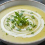 Bowl of velouté de cresson garnished with herbs