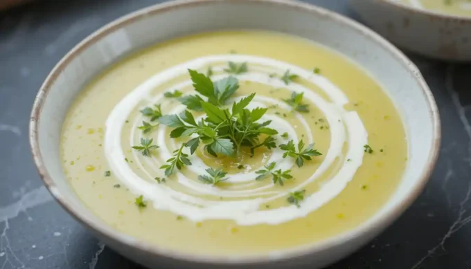 Bowl of velouté de cresson garnished with herbs