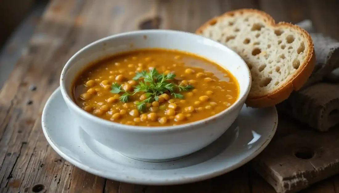 Bol de velouté de lentilles corail avec des herbes fraîches.