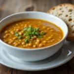 Bol de velouté de lentilles corail avec des herbes fraîches.