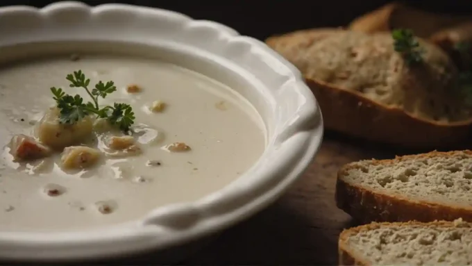 Soupe au munster servie dans un bol avec du persil frais et du pain